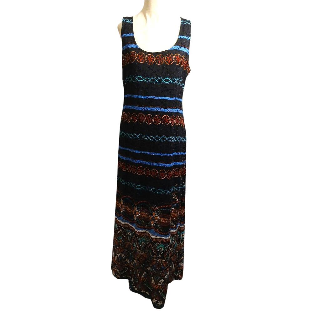 Y2K Eyelet Lace Maxi Dress Curvy Plus Size‎ 16 Black Tropical Tribal Aztec Boho